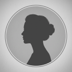Silhouette of a woman's side profile with hair tied in a bun inside a circular frame